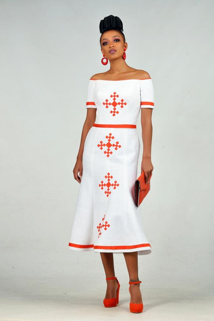Off Shoulders Midi Dress Traditional Fabric